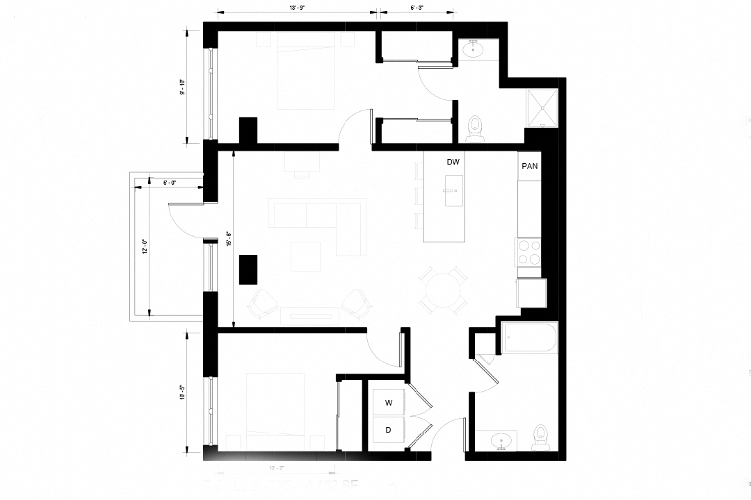 Floor plan for 2 beds, 2 baths, 1164 sqft